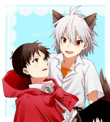 Rule 34 | 2boys, animal ears, artist name, big bad wolf, big bad wolf (cosplay), blue background, blush, border, brown eyes, brown hair, capelet, carrying, collared shirt, cosplay, doily, fang, hood, hooded capelet, ikari shinji, jon 53, lace, lace border, little red riding hood, little red riding hood (grimm), little red riding hood (grimm) (cosplay), male focus, multiple boys, nagisa kaworu, neon genesis evangelion, orange shirt, ornate border, partially unbuttoned, princess carry, red capelet, red eyes, red hood, shirt, shirt tucked in, short hair, short sleeves, sideways mouth, silver hair, smile, tail, twitter username, undershirt, v-shaped eyebrows, wolf, wolf ears, wolf tail, yaoi