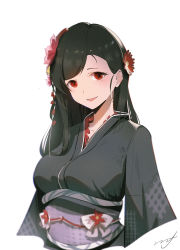 Rule 34 | 1girl, absurdres, black hair, black kimono, breasts, commentary request, final fantasy, final fantasy vii, flower, hair flower, hair ornament, highres, japanese clothes, kimono, long hair, looking at viewer, medium breasts, mooofoo, obi, official alternate costume, open mouth, red eyes, red flower, sash, simple background, solo, square enix, straight hair, tifa lockhart, tifa lockhart (exotic dress), upper body, wall market, white background, wide sleeves