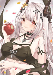 Rule 34 | 1girl, apple, arknights, bare arms, bare shoulders, black choker, breasts, choker, cleavage, closed mouth, commentary, flower, food, fruit, hair flower, hair ornament, hand up, highres, holding, holding food, holding fruit, horns, jewelry, large breasts, long hair, looking at viewer, mudrock (arknights), mudrock (silent night) (arknights), necklace, petals, pointy ears, red eyes, smile, solo, stomach, tsuyuki yuki, upper body, very long hair, white hair, yellow flower
