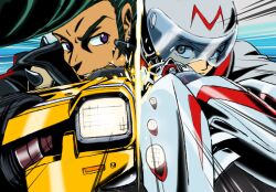 Rule 34 | 2boys, 7736, black jacket, car, crossover, frown, glowing, hair behind ear, headlight, helmet, jacket, jp (redline), leather, leather jacket, looking to the side, mach go go go, male focus, mifune gou, motion lines, motor vehicle, multiple boys, muscle car, parted lips, pompadour, race vehicle, racecar, redline, smile, trans am 2000 wr, v-shaped eyebrows, vehicle focus, white headwear, white jacket