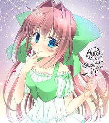 Rule 34 | 1girl, artist name, asakura otome, bare shoulders, blue eyes, blush, bow, breasts, brown hair, collarbone, commentary request, da capo, da capo ii, dress, finger to mouth, green blow, green vest, hair between eyes, hair bow, heart, kayura yuka, long hair, looking at viewer, signature, small breasts, smile, solo, vest, white dress