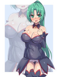 Rule 34 | 1girl, angel mort, blush, breasts, brll, cleavage, covered navel, cowboy shot, detached collar, detached sleeves, green eyes, green hair, hand on own chest, higurashi no naku koro ni, large breasts, leotard, long hair, looking at viewer, matching hair/eyes, open mouth, ponytail, solo, sonozaki mion, thighhighs, very long hair, waitress, zoom layer