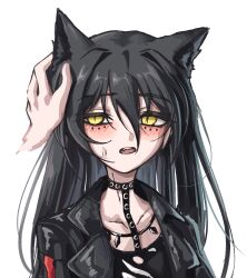 Rule 34 | 1girl, animal ears, arknights, black hair, black jacket, black shirt, dagda (arknights), fang, hair between eyes, highres, jacket, leather, leather jacket, long bangs, long hair, looking at viewer, parted lips, petra (jgc845601), shirt, simple background, solo, sweat, upper body, white background, yellow eyes
