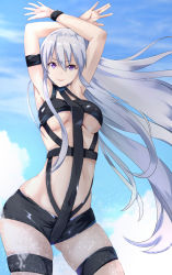 Rule 34 | 1girl, arm strap, armpits, arms up, azur lane, bare shoulders, black shorts, blue sky, bondage outfit, breasts, cloud, commentary request, covered navel, cowboy shot, day, enterprise (azur lane), floating hair, gluteal fold, hair between eyes, highres, hot limit, large breasts, long hair, looking at viewer, moroheiya (moroheiya-works), purple eyes, revealing clothes, short shorts, shorts, sidelocks, silver hair, skindentation, sky, smile, solo, standing, thigh strap, underboob, very long hair, wristband