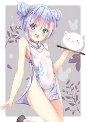 Rule 34 | 1girl, :d, angora rabbit, animal, bad id, bad pixiv id, bare arms, bare shoulders, black footwear, blue eyes, blue hair, blush, breasts, china dress, chinese clothes, commentary request, covered navel, double bun, dress, gochuumon wa usagi desu ka?, grey background, groin, hair between eyes, hair bun, hair ornament, hand up, highres, holding, holding tray, kafuu chino, natuna natu, open mouth, pelvic curtain, rabbit, shoes, sidelocks, sleeveless, sleeveless dress, small breasts, smile, standing, standing on one leg, tippy (gochiusa), tray, two-tone background, white background, white dress, x hair ornament