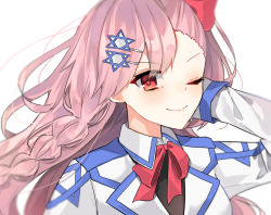 Rule 34 | 1girl, aogisa, arm behind head, bad id, bad pixiv id, bow, braid, eyes visible through hair, girls&#039; frontline, hair bow, hair ornament, hairclip, hand up, hexagram, jacket, long hair, looking at viewer, neck ribbon, negev (girls&#039; frontline), one eye closed, one side up, parted bangs, pink hair, red bow, red eyes, red ribbon, ribbon, simple background, smile, solo, star of david, upper body, v-shaped eyebrows, white background, white jacket
