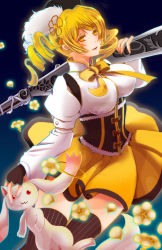 Rule 34 | 10s, 1girl, :3, beret, blonde hair, blush, boots, breasts, corset, drill hair, fingerless gloves, flower, gin ji, gloves, gun, hair ornament, hat, highres, kyubey, large breasts, magical girl, magical musket, mahou shoujo madoka magica, mahou shoujo madoka magica (anime), pleated skirt, shirt, skirt, striped clothes, striped thighhighs, taut clothes, taut shirt, thighhighs, tomoe mami, twin drills, twintails, vertical-striped clothes, vertical-striped thighhighs, weapon, yellow eyes, zettai ryouiki