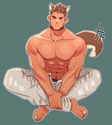 Rule 34 | 1boy, abs, animal ears, bara, crossed legs, dog boy, dog ears, dog tail, eyebrow cut, fang, fang out, full body, highres, large pectorals, looking at viewer, male focus, male underwear, male underwear peek, mature male, muscular, muscular male, navel, navel hair, nipples, original, pectoral squeeze, pectorals, short hair, sideburns, solo, stomach, tail, thick eyebrows, topless male, underwear, v-shaped eyebrows, v arms, white male underwear, youchi123