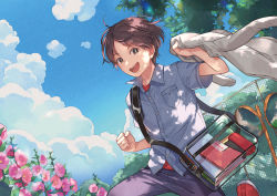 Rule 34 | 1boy, :d, bag, black eyes, black pants, blue sky, book, breast pocket, bright pupils, brown hair, buttons, cherico, cloud, cloudy sky, commentary request, cowboy shot, dappled sunlight, day, dress shirt, fence, flower, grey shirt, grey sweater, hand up, highres, holding, holding clothes, lens flare, male focus, open mouth, original, outdoors, pants, parted bangs, pencil case, pink flower, pocket, red footwear, red shirt, school bag, shirt, short hair, sky, smile, solo, sunlight, sweater, teeth, traffic mirror, transparent bag, undershirt, upper teeth only, white pupils