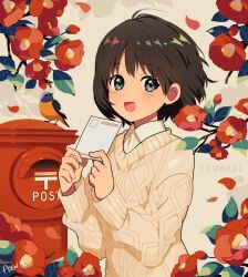 Rule 34 | 1girl, :d, animal, aran sweater, arisa (aren), bird, blush, brown hair, cable knit, collared shirt, commentary request, dot nose, flower, grey eyes, hands up, highres, holding, holding paper, long sleeves, looking at viewer, open mouth, original, paper, petals, plant, postbox (outgoing mail), red flower, shirt, short hair, signature, smile, solo, split mouth, sweater, upper body, white shirt, yellow sweater