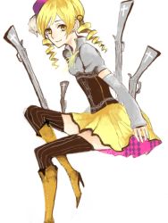 Rule 34 | 10s, 1girl, beret, blonde hair, boots, brown thighhighs, corset, detached sleeves, drill hair, gun, hair ornament, hairpin, hat, knee boots, magical girl, magical musket, mahou shoujo madoka magica, mahou shoujo madoka magica (anime), pleated skirt, ribbon, rifle, simple background, skirt, solo, striped clothes, striped thighhighs, tegaki, thighhighs, tomoe mami, twin drills, twintails, vertical-striped clothes, vertical-striped thighhighs, weapon, white background, yellow eyes, zettai ryouiki
