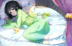 Rule 34 | 1girl, bad id, bad pixiv id, ball, bed, bell, black hair, canopy bed, fubuki (one-punch man), green eyes, japanese clothes, long sleeves, looking at viewer, lying, on side, one-punch man, pillow, revision, sash, short hair, solo, wide sleeves, aged down, zzzzxxx2010nian