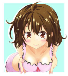 Rule 34 | 10s, 1girl, bare shoulders, breasts squeezed together, breasts, brown eyes, brown hair, cleavage, denpa onna to seishun otoko, downblouse, frills, mifune ryuuko, pman (kazumi), smile, solo