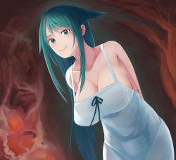 Rule 34 | 1girl, absurdres, alternate breast size, arms behind back, blush, breasts, closed mouth, collarbone, commentary request, dress, green eyes, green hair, highres, huge breasts, leaning to the side, long hair, lun7732, saya (saya no uta), saya no uta, smile, solo, spaghetti strap, strap gap, sundress, swept bangs, very long hair, white dress