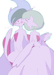 Rule 34 | 1boy, 1girl, absurdres, back, backless dress, backless outfit, bare shoulders, blue hair, blue outline, blush, bob cut, cape, closed eyes, colored skin, constricted pupils, creatures (company), dress, elbow gloves, from behind, gallade, game freak, gardevoir, gen 3 pokemon, gen 4 pokemon, gloves, green hair, hair over one eye, hands up, heart, hetero, highres, kissing cheek, long dress, mega gallade, mega gardevoir, mega pokemon, mohawk, multicolored hair, nintendo, no mouth, nose blush, one eye covered, outline, pokemon, pokemon (creature), red eyes, sara togaru0317, short hair, simple background, standing, strapless, strapless dress, surprised, two-tone hair, u u, white background, white cape, white dress, white gloves, white skin, wide-eyed