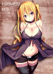 Rule 34 | 10s, 1girl, belt, black footwear, black gloves, black thighhighs, blonde hair, boots, breasts, cleavage, copyright name, elbow gloves, female focus, gloves, hair between eyes, highres, large breasts, lieselotte sherlock, long hair, looking at viewer, nao akinari, navel, official art, purple eyes, scan, scan artifacts, short shorts, shorts, smile, solo, thigh boots, thighhighs, trinity seven, twintails, zettai ryouiki