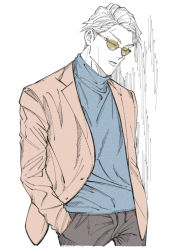 Rule 34 | 1boy, black pants, blue sweater, brown jacket, hands in pockets, highres, jacket, jujutsu kaisen, lips, long sleeves, male focus, mineco000, nanami kento, pants, parted lips, short hair, solo, standing, sunglasses, sweater, upper body