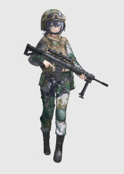 1girl absurdres assault_rifle black_hair blue_eyes boots bulletproof_vest commission goggles goggles_on_headwear gun helmet highres hui_feng knee_guards looking_at_viewer military original qbz-191 rifle tactical_clothes thighhighs vest weapon white_background zettai_ryouiki