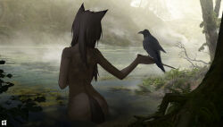 Rule 34 | 1girl, absurdres, animal, animal ears, arknights, ass, back tattoo, bird, commentary request, day, facing away, from behind, grey hair, highres, holding, lappland (arknights), long hair, luanfazhulaogui, nude, outdoors, skull tattoo, solo, tail, tattoo, tree, water