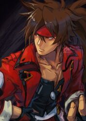 Rule 34 | 1boy, black background, black gloves, brown hair, collarbone, fingerless gloves, forehead protector, gloves, guilty gear, guilty gear strive, headband, highres, jacket, long hair, looking to the side, male focus, muscular, muscular male, red eyes, red jacket, simple background, sol badguy, spiked hair, yora