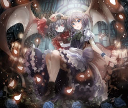 Rule 34 | 2girls, album cover, asuka shirou, bat wings, blue eyes, blue flower, blue rose, blush, bracelet, braid, candle, closed mouth, cover, dress, female focus, flower, hat, indoors, izayoi sakuya, jewelry, looking at viewer, maid, maid headdress, multiple girls, open mouth, purple hair, red eyes, remilia scarlet, rose, short hair, silver hair, smile, touhou, twin braids, window, wings