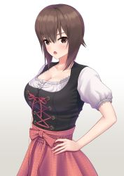 Rule 34 | 1girl, absurdres, black shirt, blush, breasts, brown eyes, brown hair, cleavage, commentary, dirndl, frilled sleeves, frills, frown, german clothes, girls und panzer, gradient background, grey background, hand on own hip, highres, lace-up, looking at viewer, nishizumi maho, open mouth, prefecture54, puffy short sleeves, puffy sleeves, red skirt, shirt, short hair, short sleeves, skirt, solo, standing