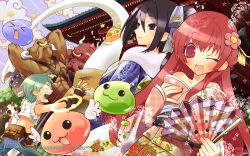 &gt;_&lt; 3boys 3girls :3 :d angel_wings angeling belt_pouch black_sash blue_pants blue_sky blush bow breasts brown_gloves closed_mouth cloud copyright_notice cow_boy cowboy_shot crop_top drops_(ragnarok_online) fingerless_gloves flat_chest flower folding_fan food fujimori_nattsu fur-trimmed_shirt fur_collar fur_trim gloves green_hair guest_art hair_between_eyes hair_flower hair_ornament halo hand_fan highres holding holding_fan japanese_clothes kimono logo long_bangs long_hair looking_at_another looking_at_viewer majoruros marin_(ragnarok_online) medium_breasts miko_(ragnarok_online) minorous minotaur mochi mochitsuki multiple_boys multiple_girls nose_piercing nose_ring obi official_art official_wallpaper one_eye_closed open_mouth pants piercing pink_flower pink_kimono poporing pouch purple_kimono ragnarok_online red_bow red_eyes red_hair sash seeing_stars shirt short_hair shrine sky sleeveless sleeveless_shirt slime_(creature) smile traditional_halo white_shirt whitesmith_(ragnarok_online) wings xiangyun