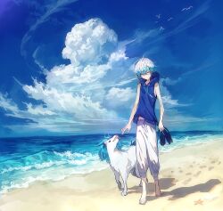 Rule 34 | 1boy, aqua hair, bare arms, bare shoulders, barefoot, beach, bird, black footwear, blue hoodie, blue sky, check copyright, cloud, colored tips, commentary request, copyright request, creature, day, flock, full body, half-closed eyes, holding sandals, hood, hood down, hoodie, looking at animal, looking down, male focus, multicolored hair, mura karuki, ocean, original, outdoors, pants, shadow, shore, short hair, simple bird, sky, sleeveless, sleeveless hoodie, solo, starfish, sweatpants, white bird, white hair, white pants