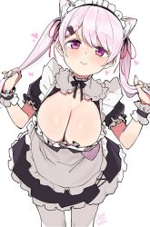 Rule 34 | 1girl, alternate costume, animal ears, apron, black dress, blush, breasts, cat ears, cleavage, dated, dress, enmaided, hair ornament, hair ribbon, hairclip, heart, highres, holding, holding own hair, large breasts, leaning forward, long hair, looking at viewer, maid, maid headdress, nijisanji, pantyhose, pink eyes, pink hair, ribbon, rkrk, shiina yuika, shiina yuika (5th costume), signature, simple background, smile, solo, twintails, virtual youtuber, white apron, white background, white pantyhose