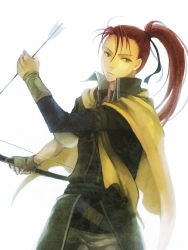 Rule 34 | 1boy, arrow (projectile), asymmetrical clothes, bow (weapon), cape, coat, expressionless, fingerless gloves, fire emblem, fire emblem: path of radiance, fire emblem: radiant dawn, gloves, green eyes, kaito (sawayakasawaday), long sleeves, male focus, nintendo, ponytail, red hair, shinon (fire emblem), simple background, solo, weapon, white background
