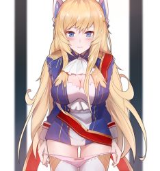 Rule 34 | 1girl, absurdres, azur lane, blonde hair, blue eyes, blush, breasts, closed mouth, clothes lift, glorious (azur lane), gloves, hair between eyes, hemyi, highres, large breasts, lifting own clothes, long hair, long sleeves, looking at viewer, marcellokito!, panties, sitting, solo, underwear, very long hair, white gloves, white legwear