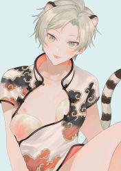 Rule 34 | 1boy, animal ears, aqua background, baozi, bare legs, blue background, blue eyes, breast padding, china dress, chinese clothes, closed mouth, collarbone, commentary, crossdressing, dress, food, grey hair, highres, longevity peach bun, looking at viewer, male focus, mege (megechan), nipples, original, short hair, short sleeves, simple background, sitting, solo, tail, tiger ears, tiger tail, tongue, tongue out, trap, white dress