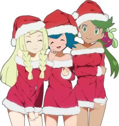 Rule 34 | 3girls, artist request, bare legs, bare shoulders, blonde hair, blue hair, blush, bounsweet, breasts, christmas, collarbone, costume, covering privates, covering crotch, creatures (company), dress, closed eyes, game freak, gen 7 pokemon, green eyes, green hair, hand on own cheek, hand on own face, hand up, hat, holding, holding clothes, holding own arm, holding skirt, lana (pokemon), legs, lillie (pokemon), long hair, looking at viewer, mallow (pokemon), miniskirt, multiple girls, nintendo, no bra, open mouth, pokemon, pokemon (anime), pokemon (creature), pokemon sm (anime), santa costume, santa dress, santa hat, short hair, skirt, sleeveless, sleeveless dress, smile, third-party source, waving