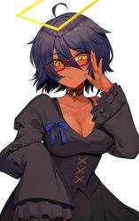Rule 34 | 1girl, :o, agamemega, ahoge, black dress, blue hair, blue ribbon, blush, bra strap, breasts, chinese commentary, choker, cleavage, dark-skinned female, dark skin, dress, frilled wrist cuffs, frills, glasses, halo, highres, jewelry, long sleeves, looking at viewer, multicolored hair, original, rectangular halo, red-framed eyewear, ribbon, short hair, simple background, single bare shoulder, solo, streaked hair, translated, white background, wrist cuffs, yellow eyes