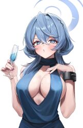 Rule 34 | 1girl, absurdres, ako (blue archive), ako (dress) (blue archive), black hairband, blue archive, blue dress, blue eyes, blue hair, blue halo, blush, breasts, cuffs, cup, dress, hair between eyes, hairband, halo, handcuffs, highres, holding, holding cup, large breasts, long hair, looking at viewer, official alternate costume, parted lips, salty gana, sideboob, simple background, sleeveless, sleeveless dress, solo, upper body, white background