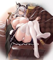 Rule 34 | 1girl, absurdres, aegir (azur lane), aegir (iron blood&#039;s dragon maid) (azur lane), apron, ass, azur lane, bare shoulders, black horns, breast cutout, breasts, cleavage, collar, couch, covered erect nipples, crotch seam, dragon girl, dragon horns, feet, foreshortening, frills, full body, garter straps, hair between eyes, highres, horns, large breasts, leaning back, legs, legs up, long hair, looking at viewer, lying, maid, maid apron, maid headdress, no shoes, official alternate costume, on back, on couch, open mouth, panties, revealing clothes, rikiddo (tise 00), skindentation, slit pupils, soles, solo, thick thighs, thighhighs, thighs, toes, underboob, underwear, very long hair, white hair, white panties, white thighhighs, yellow eyes
