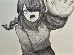Rule 34 | 1girl, braid, chainsaw man, commentary request, epeulu (ate5424), foreshortening, greyscale, hair over one eye, hatching (texture), highres, korean commentary, marker (medium), monochrome, motion lines, nayuta (chainsaw man), open mouth, sidelocks, single braid, solo, traditional media, turtleneck, underwear
