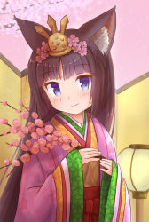 Rule 34 | 1girl, animal ear fluff, animal ears, blue eyes, blush, branch, brown hair, cat ears, closed mouth, commentary request, flower, hair flower, hair ornament, headpiece, highres, hinamatsuri, holding, holding branch, iroha (iroha matsurika), japanese clothes, kimono, layered clothes, layered kimono, long hair, long sleeves, mutsuki (iroha (iroha matsurika)), original, pink flower, pink kimono, sleeves past wrists, smile, solo, upper body, very long hair, wide sleeves