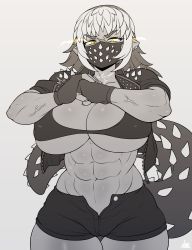 Rule 34 | 1girl, abs, absurdres, artist name, bikini, bikini top only, breasts, commentary request, cowboy shot, cracking knuckles, dark-skinned female, dark skin, deviljho, earrings, facial mask, fingerless gloves, gloves, highres, huge breasts, jacket, jewelry, jmg, looking at viewer, monochrome, monster hunter, monster hunter: world, monster hunter (series), multicolored hair, muscular, muscular female, open clothes, open jacket, personification, pointy ears, scar, scar across eye, scar on face, shorts, simple background, solo, swimsuit, tail, tank top, thick eyebrows, two-tone hair, open fly, veins, yellow eyes