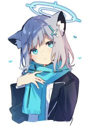Rule 34 | 1girl, absurdres, animal ear fluff, animal ears, black jacket, blazer, blue archive, blue eyes, blue necktie, blue scarf, cropped torso, fringe trim, grey hair, hair ornament, halo, hand up, head tilt, heart, highres, jacket, long sleeves, looking at viewer, necktie, open clothes, open jacket, parted lips, scarf, shiroko (blue archive), shirt, signature, sofra, solo, twitter username, upper body, watermark, white shirt