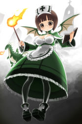 Rule 34 | 1girl, apron, black footwear, black pantyhose, book, breasts, brown eyes, brown hair, cleavage, deathsmiles, dragon, dragon wings, dress, fire, follett (deathsmiles), full body, glasses, gothic lolita, green dress, hat, highres, hiro1984, large breasts, lolita fashion, pantyhose, shoes, short hair, solo, wand, wings
