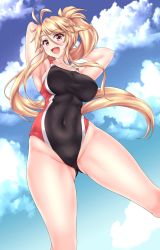 Rule 34 | 1girl, armpits, bare legs, blonde hair, blue sky, breasts, cloud, commentary, competition swimsuit, covered navel, day, feet out of frame, hiballista, highleg, highleg swimsuit, highres, large breasts, long hair, one-piece swimsuit, open mouth, original, red eyes, sideboob, sky, solo, swimsuit, thighs, twintails