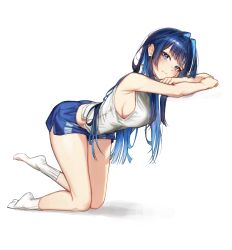 Rule 34 | 1girl, bare arms, bare shoulders, bent over, blue eyes, blue hair, blunt bangs, breasts, closed mouth, full body, head rest, highres, hololive, hololive english, invisible object, large breasts, long hair, looking at viewer, ouro kronii, ouro kronii (casual), shirt, short shorts, shorts, sideboob, simple background, sleeveless, sleeveless shirt, socks, solo, tenchi mayo, virtual youtuber, white background, white shirt, white socks