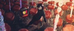Rule 34 | 1girl, black hair, black pantyhose, black sweater, closed mouth, commentary, daruma karei, full body, halo, highres, long sleeves, on stool, original, pantyhose, profile, red eyes, short hair, sitting, solo, sweater, television
