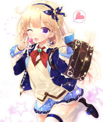 Rule 34 | 10s, 1girl, blonde hair, blush, cagliostro (granblue fantasy), cagliostro (youthful uniform) (granblue fantasy), candy, food, granblue fantasy, lollipop, long hair, looking at viewer, one eye closed, open mouth, purple eyes, school uniform, show (rinnetenshow), smile, solo, thighhighs