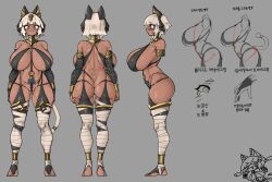 Rule 34 | 1girl, anal, anal ball wear, anal object insertion, armlet, ass, bandages, bastet (mythology), bob cut, breasts, cat girl, character sheet, dark-skinned female, dark skin, functionally nude, grey background, highres, huge breasts, korean text, model, multiple views, nlebo hentai, o-ring, object insertion, original, short hair, sketch, smile, solo, stirrup legwear, thick thighs, thighs, toeless legwear, turnaround, usekh collar, white hair, wide hips, yellow eyes