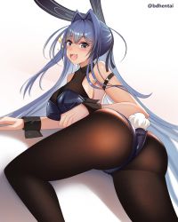 Rule 34 | 1girl, 99illust, :3, absurdres, animal ears, ass, azur lane, bare shoulders, blue eyes, blue hair, blush, breasts, cleavage, come hither, fake animal ears, from behind, highres, large breasts, leotard, long hair, looking at viewer, looking back, new jersey (azur lane), new jersey (exhilarating steps!) (azur lane), official alternate costume, open mouth, pantyhose, playboy bunny, rabbit ears, rabbit tail, see-through, see-through cleavage, shiny clothes, shiny skin, simple background, smile, solo, tail, thighs, very long hair, wrist cuffs