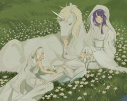 3girls closed_eyes closed_mouth dress field flower fu5rna furina_(genshin_impact) genshin_impact grass highres japanese_clothes kimono long_hair long_sleeves multiple_girls nahida_(genshin_impact) purple_eyes purple_hair raiden_shogun sash sitting sleeveless sleeveless_dress smile unicorn veil white_dress white_flower white_hair white_kimono white_sash white_veil