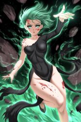 Rule 34 | 1girl, aura, bare shoulders, black dress, blood, blood on face, blush, breasts, covered navel, curly hair, curvy, debris, dress, floating, floating clothes, floating object, green eyes, green hair, highres, levitation, looking at viewer, medium breasts, one-punch man, psychic, side slit, standing, standing on one leg, tatsumaki, telekinesis, thighs, torn clothes, torn dress, wide hips