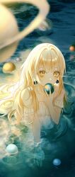 Rule 34 | 1girl, afloat, ball, blonde hair, dress, earrings, earth (planet), highres, holding, holding ball, jewelry, lake, lium, long hair, looking at viewer, night, ocean, orb, original, partially submerged, planet, pool, reflection, ripples, shallow water, solo, space, wading, water, wet, white dress, yellow eyes